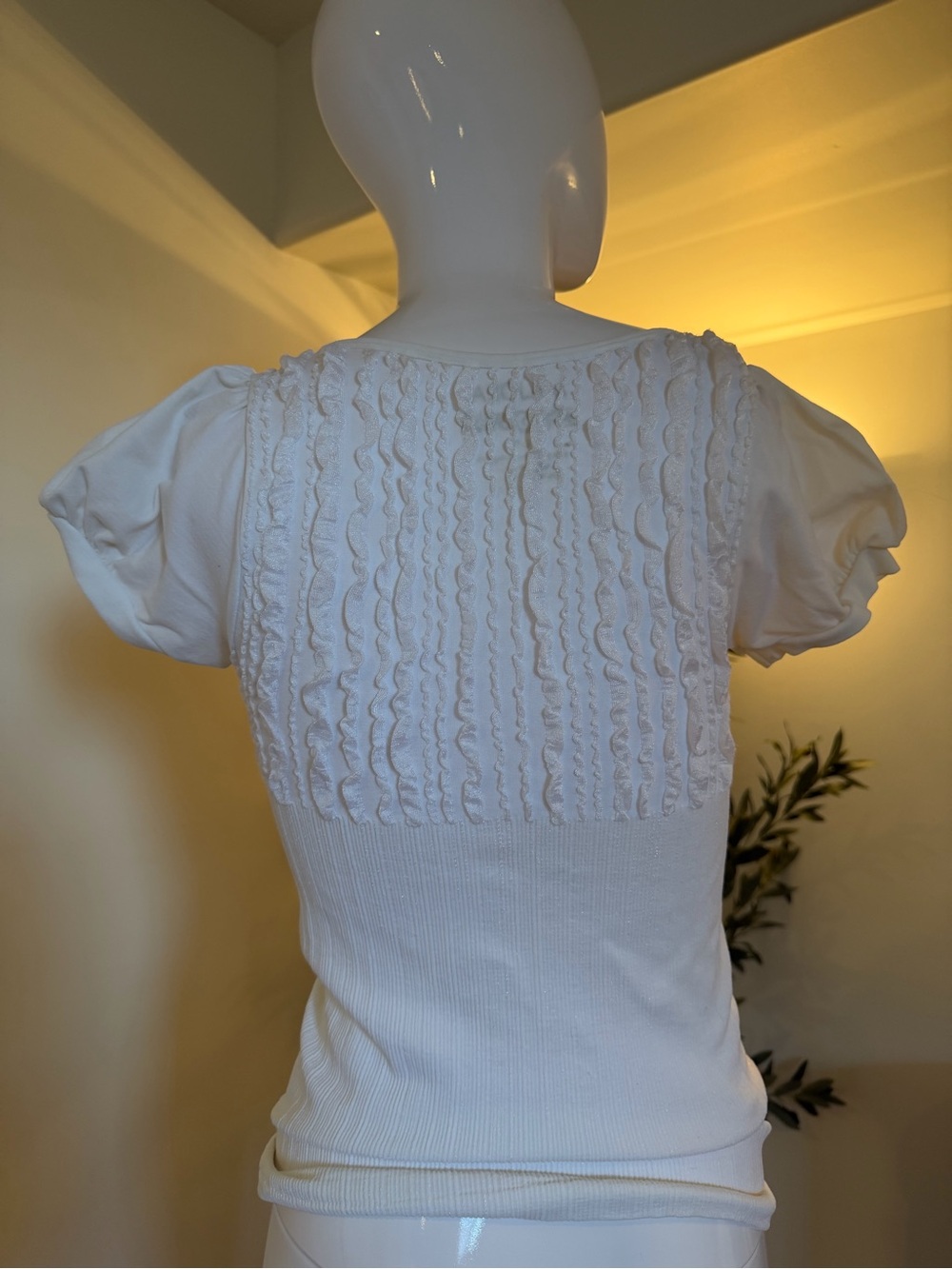 Majora Ivory Ruffle Puff Sleeve Ribbed Top L - Picture 3 of 5
